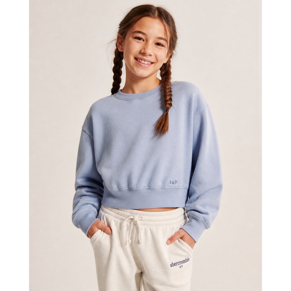 Abercrombie Kids Powder Blue Cropped Sweatshirt Crewneck Logo Cozy 7/8